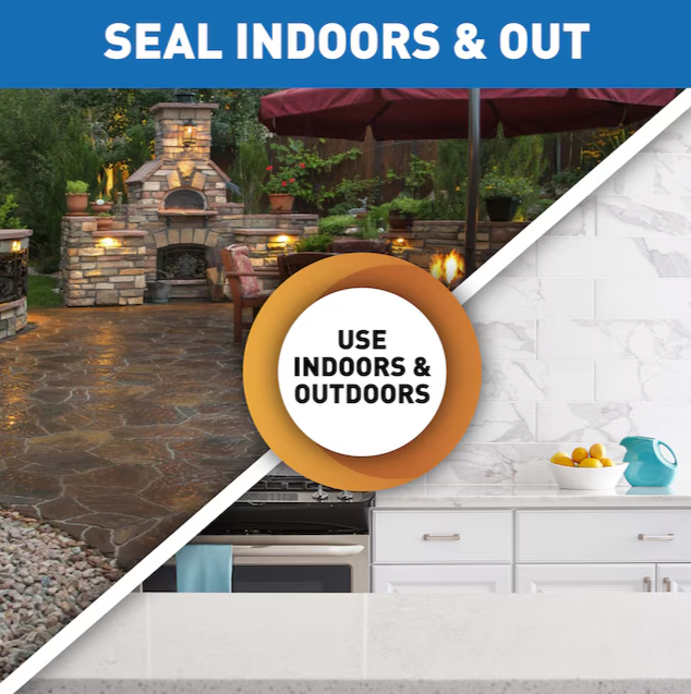 Split image showing stone patio with outdoor fireplace and white marble kitchen countertop sealed indoors and outdoors