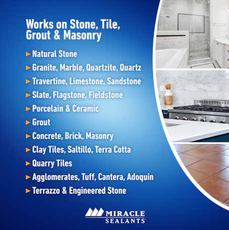 Miracle Sealants product graphic listing compatible surfaces including granite, marble, grout, porcelain, slate, and terra
