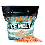 Orange Ice Melt bag with green crystal granules spilled in front, pet-safe, nature-friendly, rated to -25 degrees