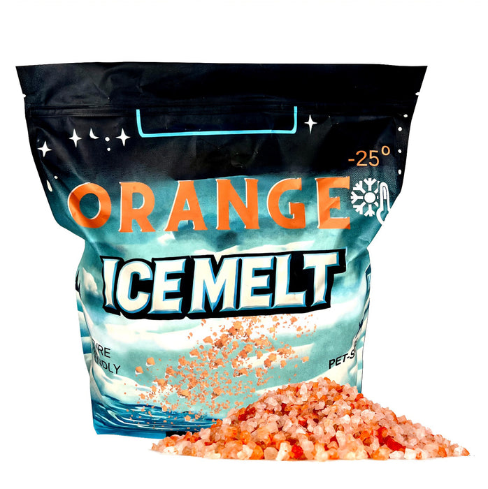 Orange Ice Melt bag with green crystal granules spilled in front, pet-safe, nature-friendly, rated to -25 degrees