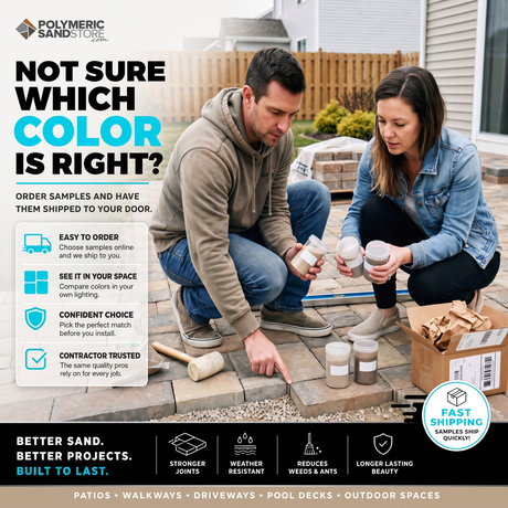 Couple testing polymeric sand samples on patio pavers before buying – order jointing sand color samples, fast shipping