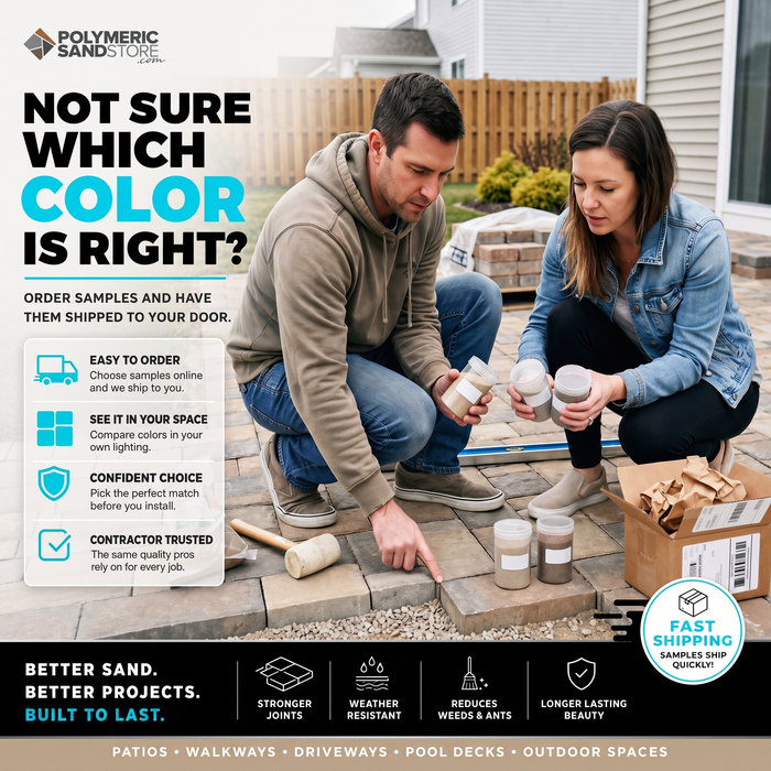 Couple testing polymeric sand samples on patio pavers before buying – order jointing sand color samples, fast shipping