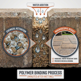 Polymeric sand activation diagram – water addition triggers polymer binding process, hardened joint prevents weeds erosion