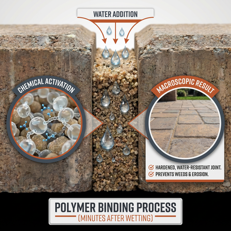 Polymeric sand activation diagram – water addition triggers polymer binding process, hardened joint prevents weeds erosion