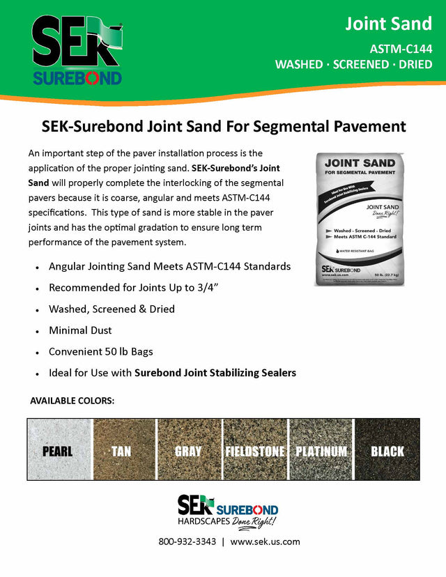 SEK Surebond paver jointing sand for segmental pavement, washed screened and dried to ASTM C-144