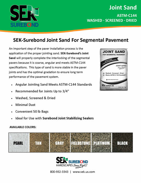 SEK Surebond paver jointing sand for segmental pavement, washed screened and dried to ASTM C-144