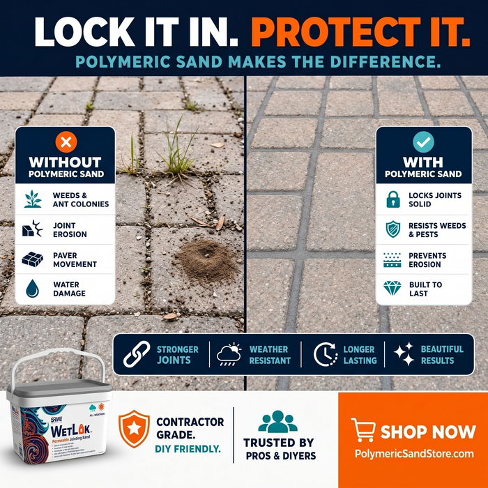 Paver joints with ant hill, weeds and erosion vs solid locked joints – SRW WetLok all weather jointing sand comparison