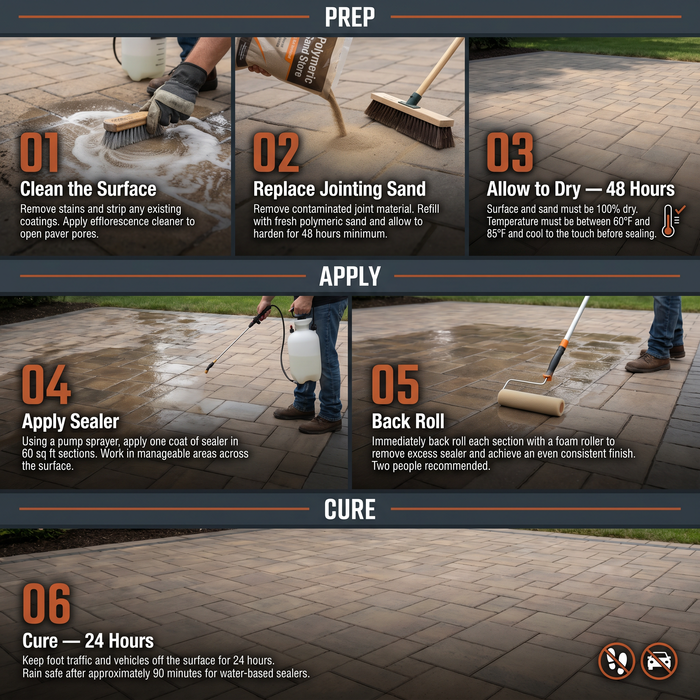 6-step paver sealing: surface cleaning, polymeric sand, drying, sprayer application, back rolling, 24-hour cure