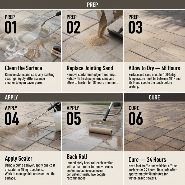 Step-by-step paver sealing guide showing surface cleaning, polymeric sand jointing, sealer application, and 24-hour cure