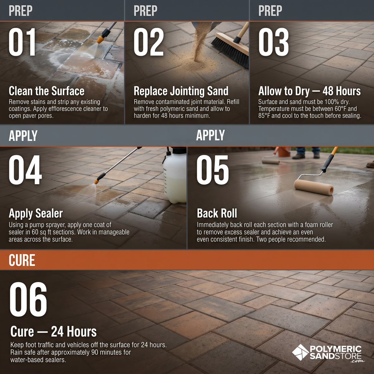 6-step paver sealing guide showing surface prep, polymeric sand replacement, sealer application, and 24-hour cure process