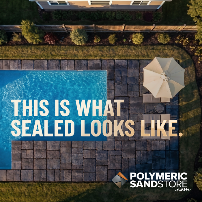 Sealed paver pool deck aerial view with stone pavers and patio umbrella by Polymeric Sand Store