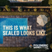 Sealed paver pool deck aerial view with stone pavers and patio umbrella by Polymeric Sand Store