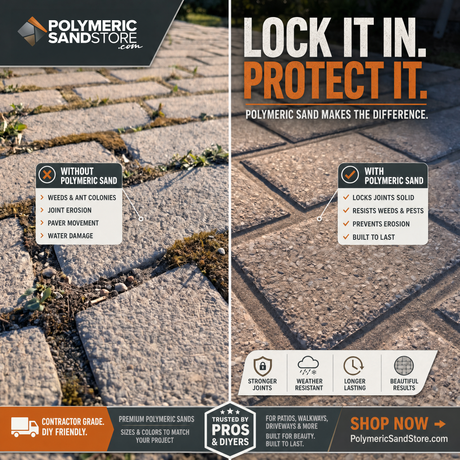 Polymeric sand before and after – prevents weeds, ant colonies, joint erosion and paver movement in patio walkway driveway