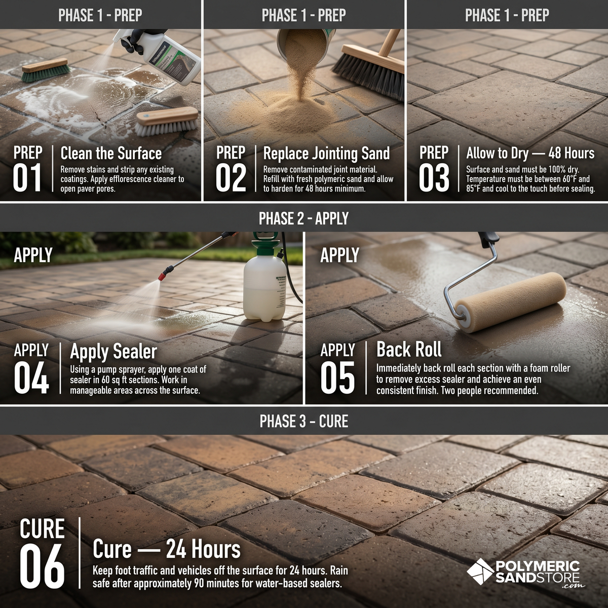 Six step paver sealer application guide from Polymeric Sand Store showing how to seal a paver patio: clean the surface, replace jointing sand, allow 48 hours to dry, apply sealer with a pump sprayer, back roll with a foam roller and cure 24 hours