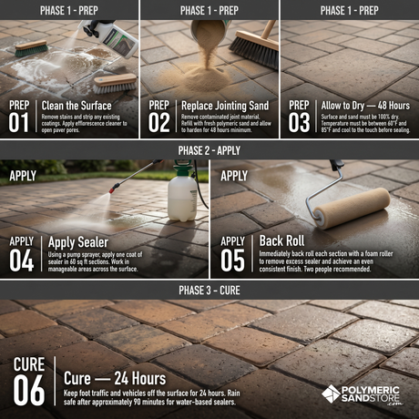 Six step paver sealer application guide from Polymeric Sand Store showing how to seal a paver patio: clean the surface, replace jointing sand, allow 48 hours to dry, apply sealer with a pump sprayer, back roll with a foam roller and cure 24 hours
