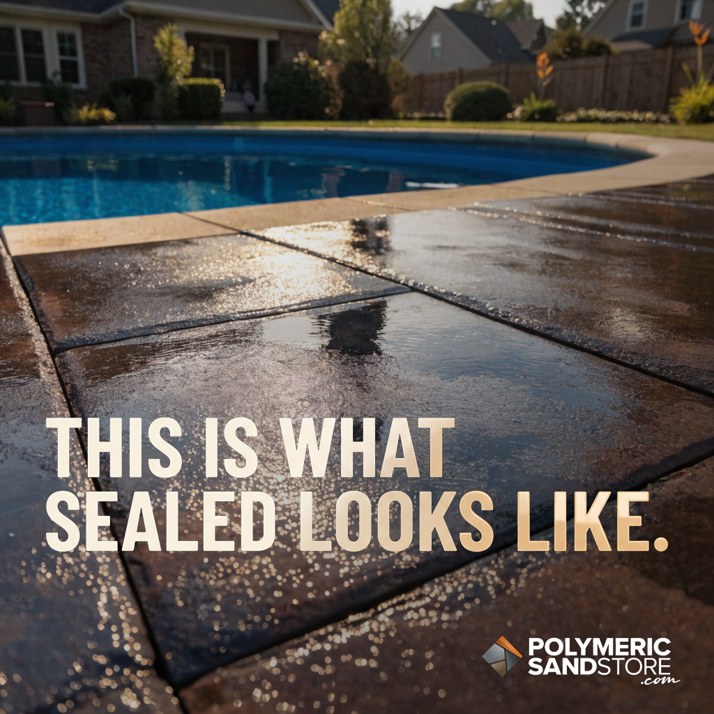 Sealed concrete paver pool deck with water beading on the glossy wet look surface beside a backyard swimming pool, Polymeric Sand Store graphic reading This Is What Sealed Looks Like showing paver sealer results