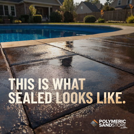 Sealed concrete paver pool deck with water beading on the glossy wet look surface beside a backyard swimming pool, Polymeric Sand Store graphic reading This Is What Sealed Looks Like showing paver sealer results
