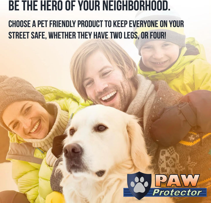 Paw Protector pet-safe ice melt ad with smiling family and golden retriever in winter outdoors