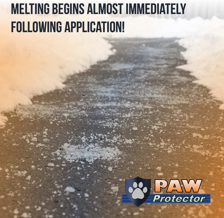 Paw Protector pet-safe ice melt granules dissolving snow and ice on a concrete path