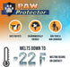 Paw Protector ice melt infographic showing pet-safe, eco-friendly, non-toxic formula that melts ice down to -22°F on contact