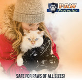 Paw Protector pet paw balm product ad with girl holding white cat in snow, text reads Safe for Paws of All Sizes