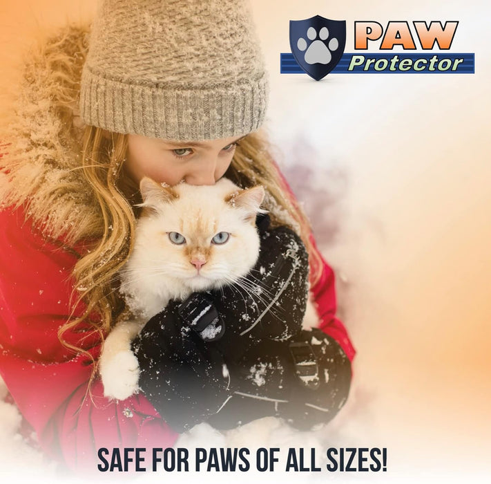 Paw Protector pet paw balm product ad with girl holding white cat in snow, text reads Safe for Paws of All Sizes
