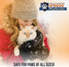 Paw Protector pet paw balm product ad with girl holding white cat in snow, text reads Safe for Paws of All Sizes