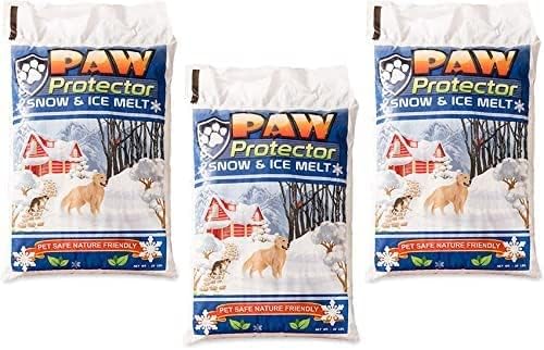 Paw Protector Snow & Ice Melt 3-pack bags, pet safe and nature friendly, featuring golden retriever winter scene