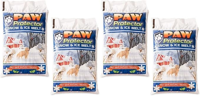 Four bags of Paw Protector Snow & Ice Melt, pet safe and nature friendly, white packaging with winter scene