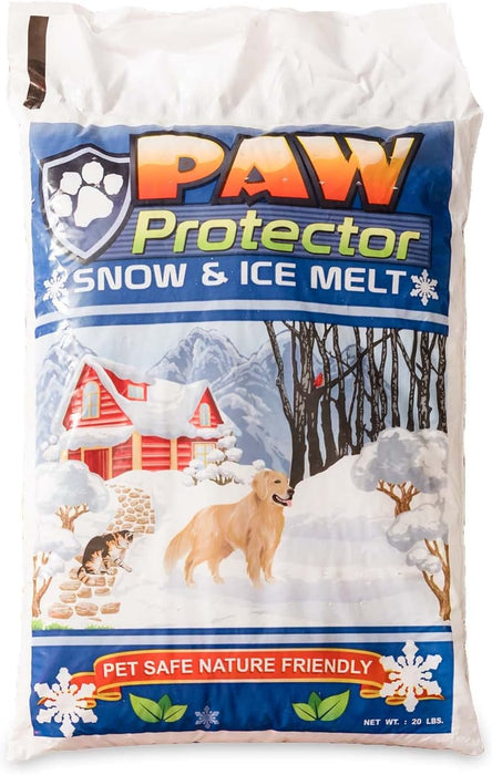 Paw Protector Snow & Ice Melt 20 lb white bag with golden retriever and cat in snowy scene