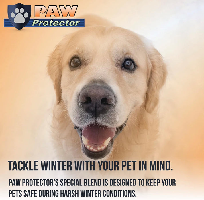 Paw Protector winter pet paw balm featuring a happy golden retriever and harsh winter conditions tagline