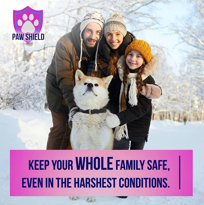 Paw Shield product ad showing family with Akita dog in snowy winter setting, keep your whole family safe tagline