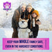 Paw Shield product ad showing family with Akita dog in snowy winter setting, keep your whole family safe tagline