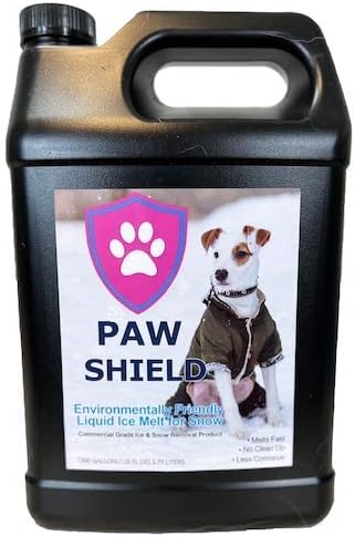 Paw Shield liquid ice melt for snow in black 1-gallon jug with dog in winter coat on label