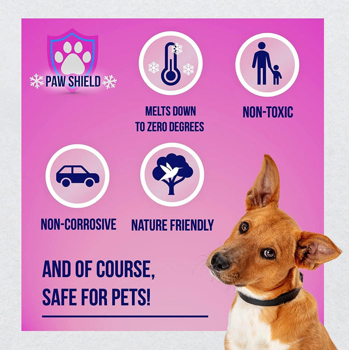 Paw Shield ice melt product graphic showing non-toxic, non-corrosive, nature friendly icons with a dog on pink background