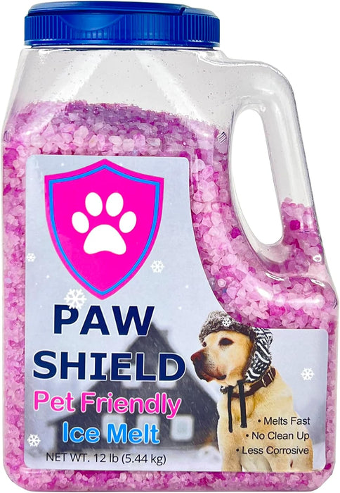 Paw Shield Pet Friendly Ice Melt in 12 lb clear jug with blue lid, filled with pink crystals, dog on label