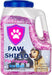 Paw Shield Pet Friendly Ice Melt in 12 lb clear jug with blue lid, filled with pink crystals, dog on label