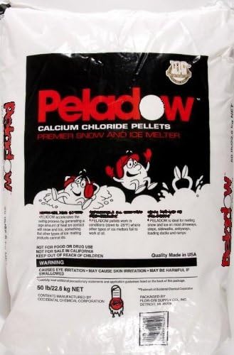 Peladow Calcium Chloride Pellets 50 lb bag, premier snow and ice melter, white packaging with red logo