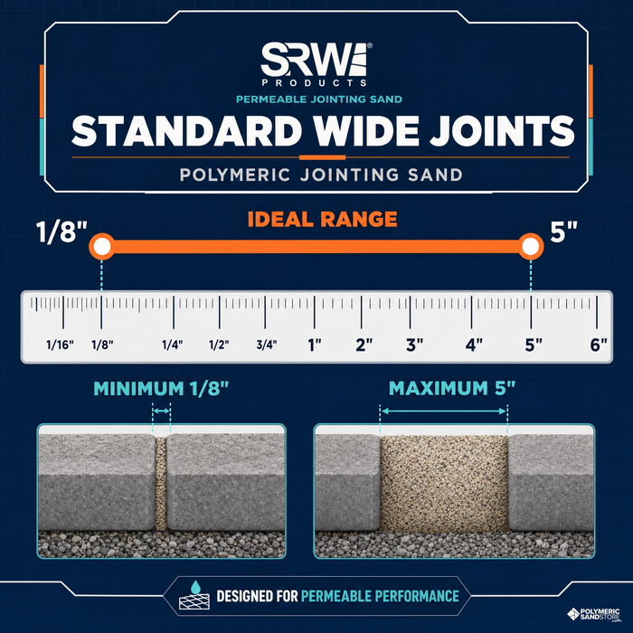 Permeable jointing sand joint width guide – standard wide joints 1/8 inch minimum to 5 inch maximum with permeable base