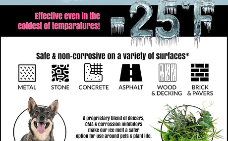 Pet and plant-safe ice melt effective to -25°F, non-corrosive on metal, stone, concrete, asphalt, wood, and brick
