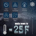 Ice melt product infographic showing fast-acting, non-corrosive, nature-friendly, safe for humans and pets, melts to -25F