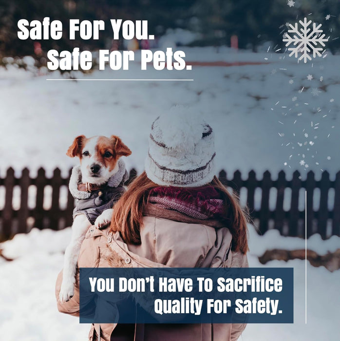 Woman in winter coat holding a small dog outdoors in snow, promoting pet-safe ice melt product