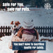 Woman in winter coat holding a small dog outdoors in snow, promoting pet-safe ice melt product