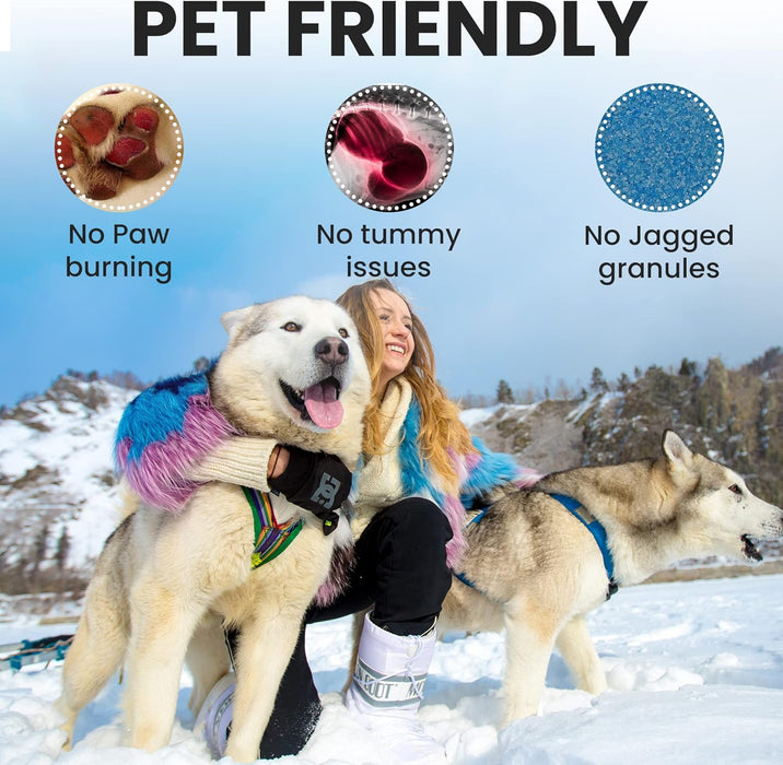 Pet friendly ice melt ad showing no paw burning, no tummy issues, no jagged granules