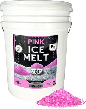 Pink Ice Melt in white 45 lb bucket with pink granules pile, pet safe, non-corrosive, effective to -25°F