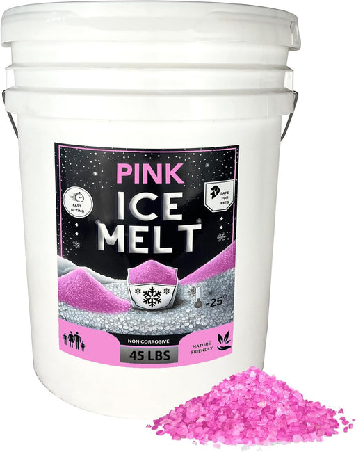 Pink Ice Melt in white 45 lb bucket with pink granules pile, pet safe, non-corrosive, effective to -25°F