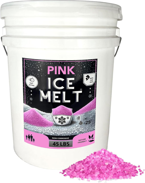Pink Ice Melt in white 45 lb bucket with pink granules pile, pet safe, non-corrosive, effective to -25°F