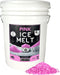 Pink Ice Melt in white 45 lb bucket with pink granules pile, pet safe, non-corrosive, effective to -25°F