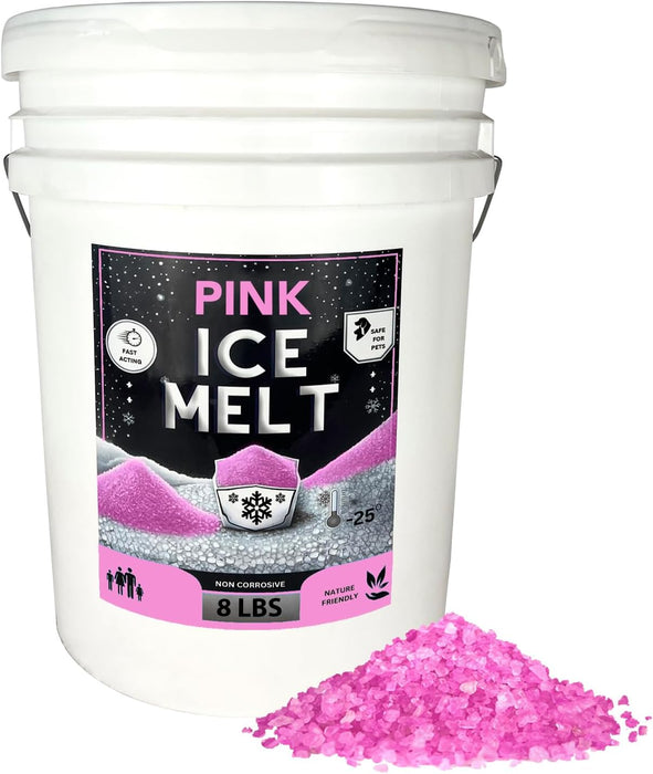 Pink Ice Melt in white 8 lb bucket with pink granules pile, pet safe, non corrosive, nature friendly, works to -25°