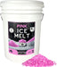 Pink Ice Melt in white 8 lb bucket with pink granules pile, pet safe, non corrosive, nature friendly, works to -25°